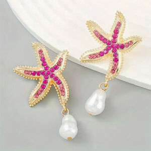 Gold plated Starfish & PinkRhinestones earrings with faux pearl drops